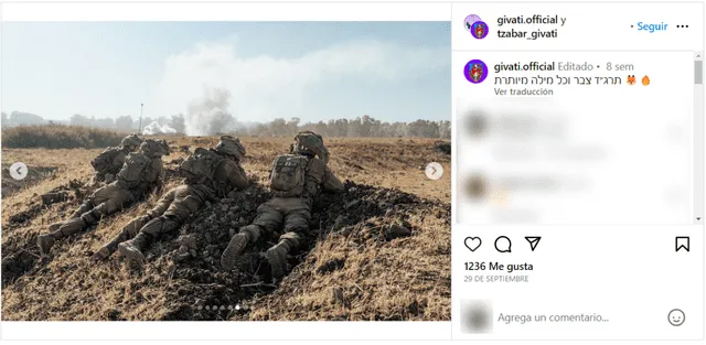  La foto de los soldados fue registrada el 29 de septiembre de 2023 en la página Givati Official. Foto: captura en Instagram / Givati.    