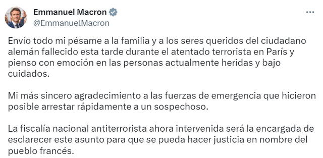 El presidente francés, Emmanuel Macron, envió su apoyo a las víctimas del nuevo atentado en París. Foto: @EmmanuelMacron/Twitter   