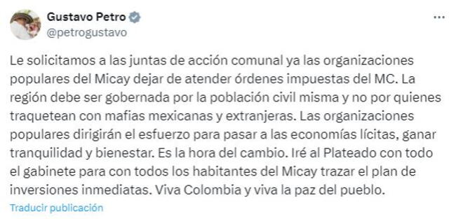 Petro hizo un llamado a las juntas de acción comunal y a las organizaciones populares. Foto: @petrogustavo/X.   