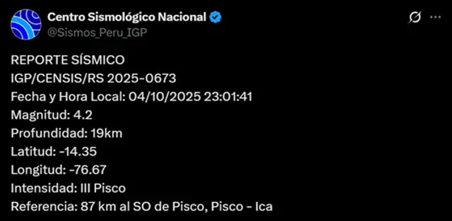 Sismo de magnitud de 4,2 sacude Ica. Foto: IGP Sismo de magnitud de 4,2 sacude Ica. Foto: IGP