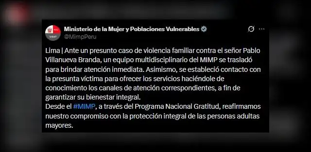 Comunicado del MIMP. Foto: 'X' Comunicado del MIMP. Foto: 'X'