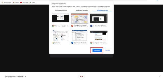 Compartir pantalla en Google Meet