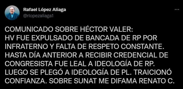 Rafael López Aliaga se pronuncia sobre salida de Héctor Valer de Renovación Popular. Foto: captura de Twitter