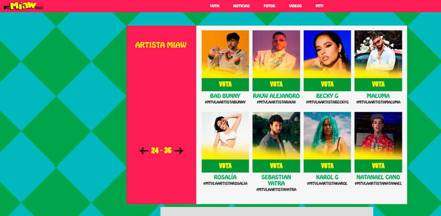 Puedes votar por tu artista favorito en cada categoría a través de la página de MTV