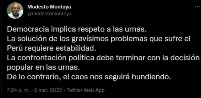 Modesto Montoya se pronunció a través de su cuenta de Twitter.