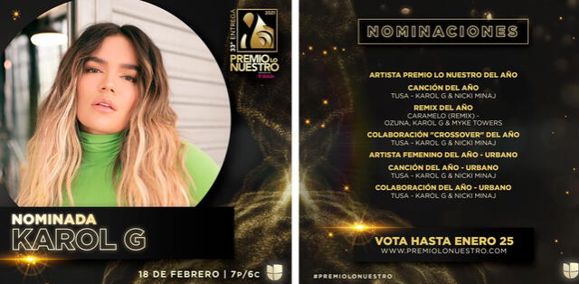 Lista de nominaciones de Karol G en los Premios Lo Nuestro. Foto: Premios Lo Nuestro / Instagram