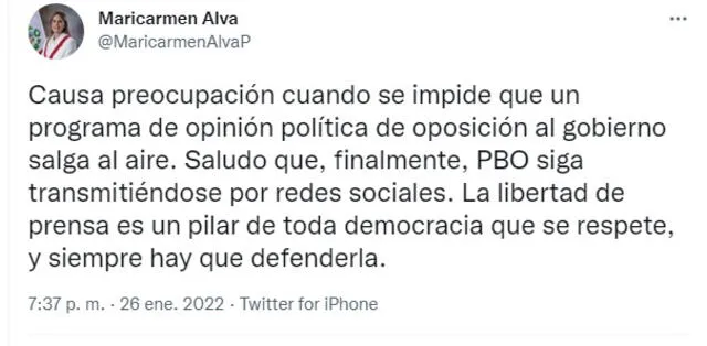 La presidenta del Congreso se pronunció a través de su cuenta de Twitter.