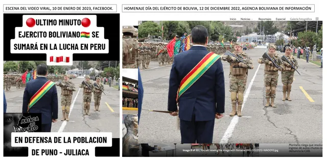 Comparación entre la escena del video viral y la imagen del homenaje por el Día del Ejército de Bolivia. Foto: composición LR/Facebook/AIB.