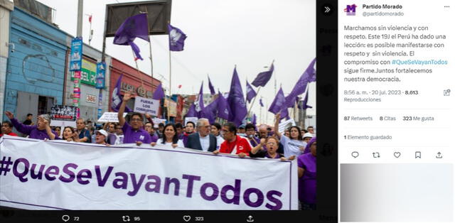 Tuit de la 'Marcha Nacional'. Foto: captura/Partido Morado/Twitter   