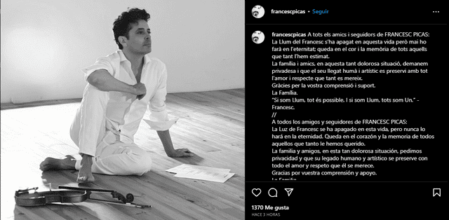 Francesc Picas falleció. Foto: Instagram/Francesc Picas   