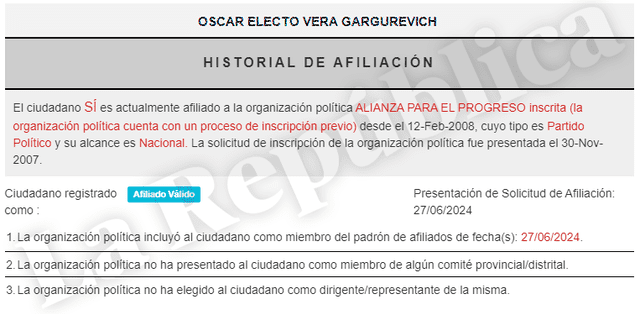 Óscar Vera Gargurevich pertenece al partido político APP.    