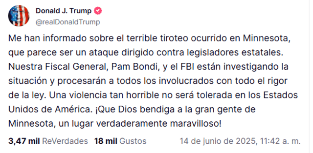 Donald Trump anuncia intensas investigaciones tras el tiroteo en Minnesota. 