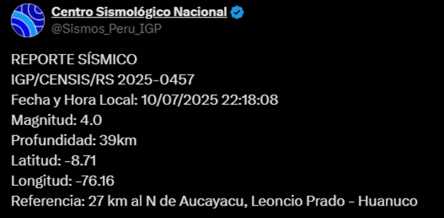  Sismo de magnitud 4.0 sacude Huánuco. Foto: IGP   