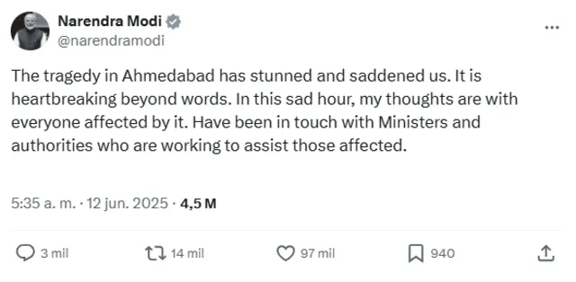 India's Prime Minister Narendra Modi calls the Ar India crash "heartbreaking beyond words". Photo: @narendramodi/ X India's Prime Minister Narendra Modi calls the Ar India crash "heartbreaking beyond words". Photo: @narendramodi/ X
