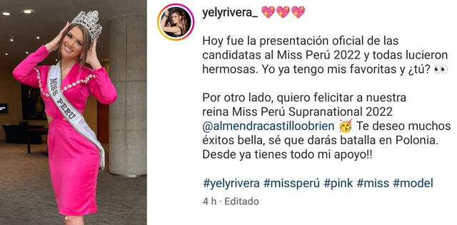 13.5.2022 | Publicación de Yely Rivera felicitando a Almendra Castillo, Miss Perú Supranational 2022. Foto: captura Instagram