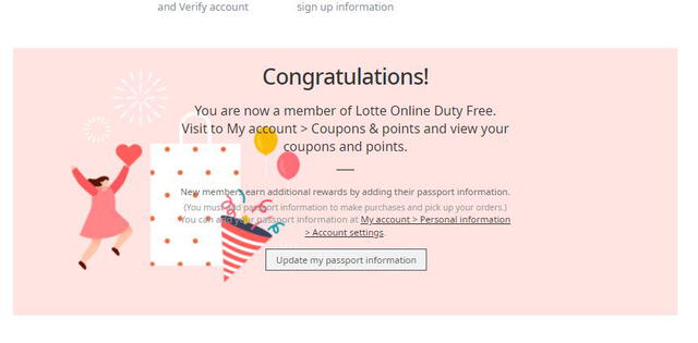 Lotte Duty Free: crear cuenta. Captura