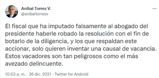 El ministro de Justicia, Anibal Torres, se pronunció a través de su cuenta de Twitter.