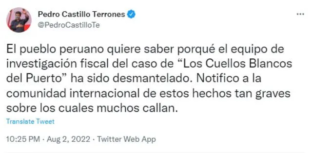 El presidente cuestionó actuación del Ministerio Público sobre caso Cuellos Blancos del Puerto. Foto: Twitter/Pedro Castillo