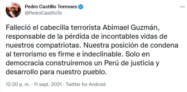 Tuit de Pedro Castillo sobre Abimael Guzmán. Foto: captura de Twitter