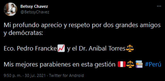Congresista Betssy Chávez confirma que Pedro Francke y Anibal Torres serían nuevos integrantes del gabinete ministerial.