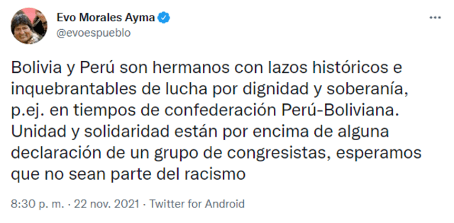 Evo Morales manifestó que “Bolivia y Perú son hermanos con lazos históricos e inquebrantables". Foto: Twitter/@evoespueblo