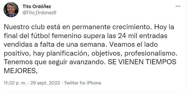 Mensaje del delegado de Alianza Lima. Foto: Twitter