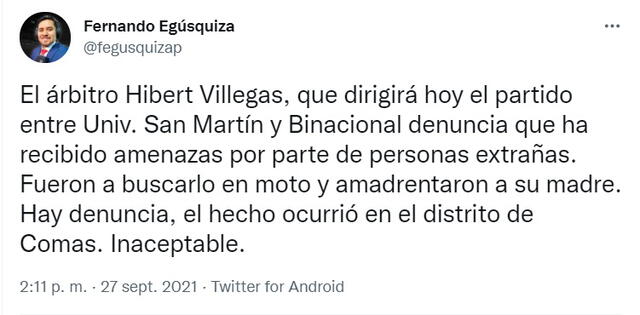 Hibert Villegas está programado para el Binacional vs. San Martín. Foto: captura Twitter