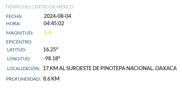  Información del último sismo en México. Foto: SSN   