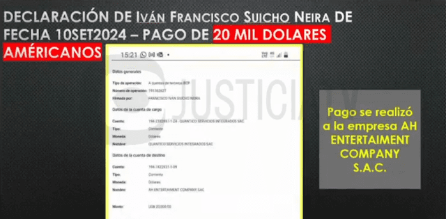  Fiscalía presentó el comprobante de pago de 20 mil dólares de Ivan Siucho a la empresa de Andrés Hurtado.   