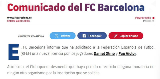  Comunicado del FC Barcelona sobre Dani Olmo y Pau Víctor. Foto: FC Barcelona   