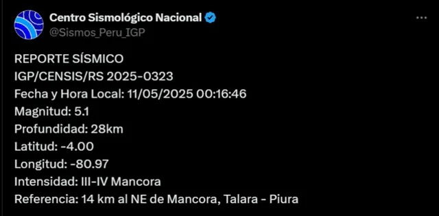 Sismo de magnitud 5,1 sacude Piura. Foto: IGP Sismo de magnitud 5,1 sacude Piura. Foto: IGP