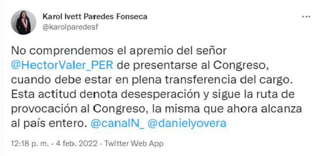 La congresista Karol Paredes se pronunció a través de su cuenta de Twitter.