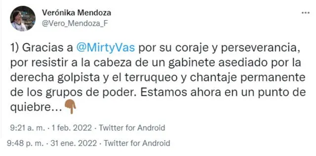 Verónika Mendoza se pronunció a través de su cuenta de Twitter.