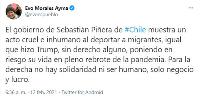 El tuit publicado por Evo Morales en medio de la crisis en Chile por la llegada de gran cantidad de migrantes en los últimos días. Foto: captura de Twitter