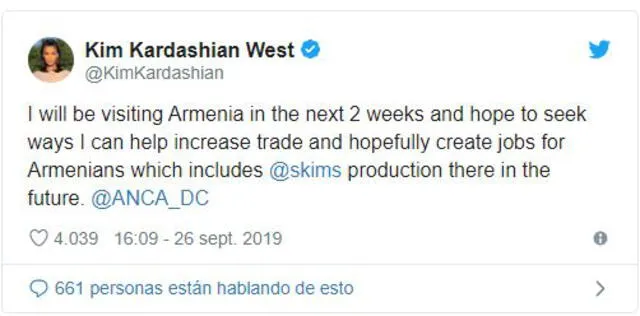 Kim Kardashian anuncia su visita a Armenia en Twitter.