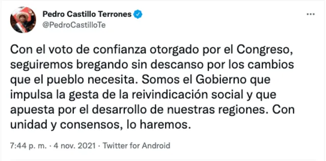 Twitter de Pedro Castillo