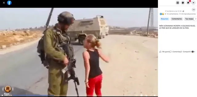 Publicación de un usuario, donde afirma que los protagonistas del video son un soldado ruso y una niña ucraniana. Fuente: Captura LR, Facebook. Publicación de un usuario, donde afirma que los protagonistas del video son un soldado ruso y una niña ucraniana. Fuente: Captura LR, Facebook.