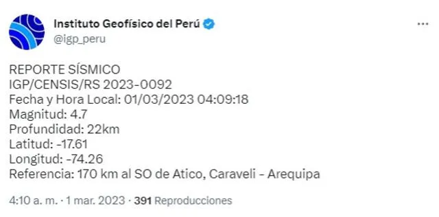 Datos del sismo en Arequipa. Foto: IGP   