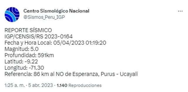Datos del sismo en Ucayali. Foto: IGP   