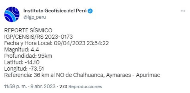 Datos del sismo en Apurímac. Foto: IGP   