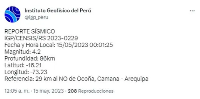 Datos del sismo en Arequipa. Foto: IGP   