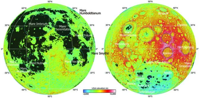 Mapa que muestra la distribución espacial de basaltos de los mares en la superficie visible de la Luna. Foto: Science   