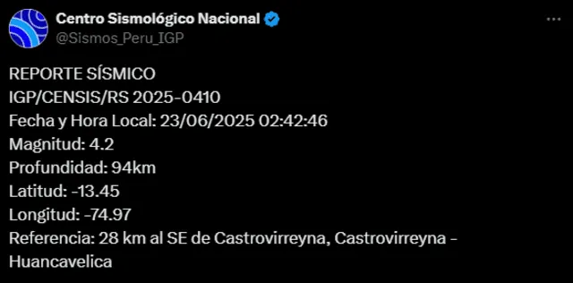 Sismo de magnitud 4.2 sacude Huancavelica. Foto: IGP Sismo de magnitud 4.2 sacude Huancavelica. Foto: IGP
