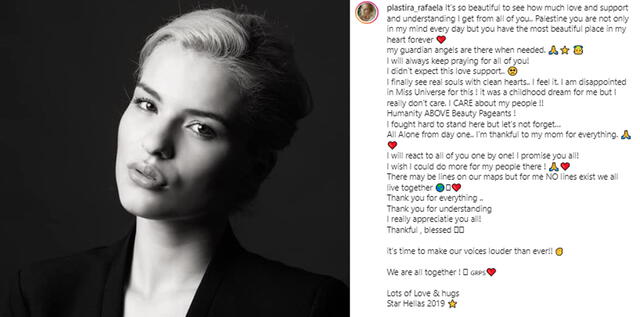 23.11.2021 | Publicación de Rafaela Plastira sobre su renuncia a participar en Miss Universo 2021. Foto: captura Rafaela Plastira/Instagram