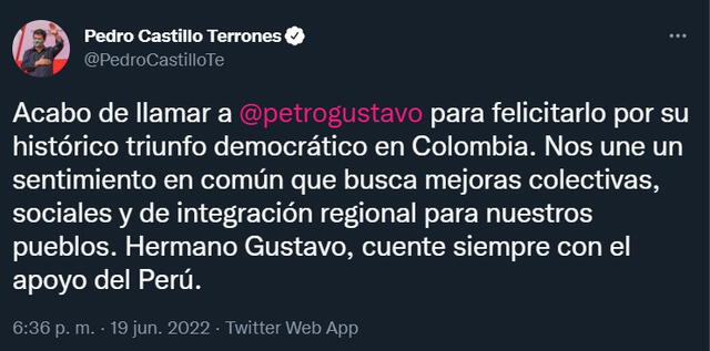 Pedro Castillo felicita a Gustavo Petro.