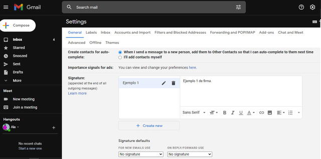 Esta es la pestaña de ajustes de firmas en Gmail. Foto: La República.
