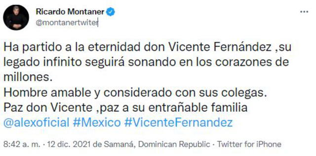 Ricardo Montaner lamenta muerte de Vicente Fernández. Foto: Ricardo Montaner/Twitter.