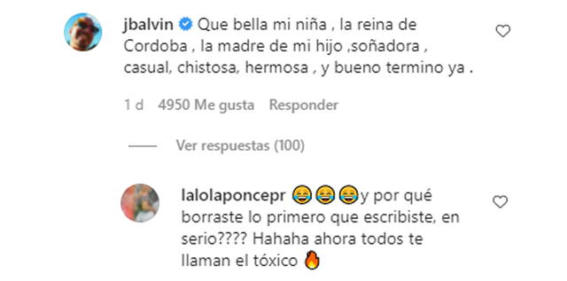 22.11.2021 | Segundo comentario de J Balvin en la publicación de Valentina Ferrer. Foto: captura Valentina Ferrer/Instagram