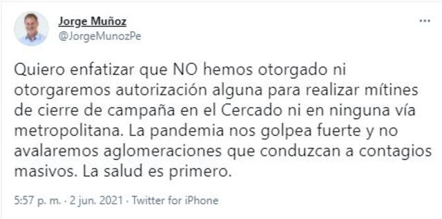 Tuit de Jorge Muñoz.