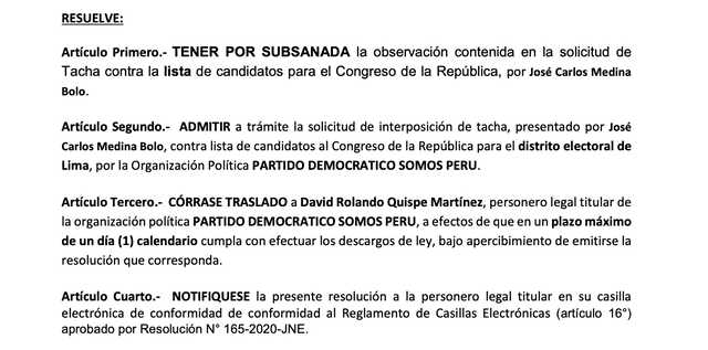 Admiten nueva tacha contra candidaturas al Congreso por Lima de Somos Perú. Foto: captura/JNE